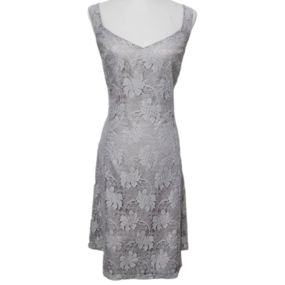 Ellen Tracy silver metallic lace fit and flare sleeveless dress size 14